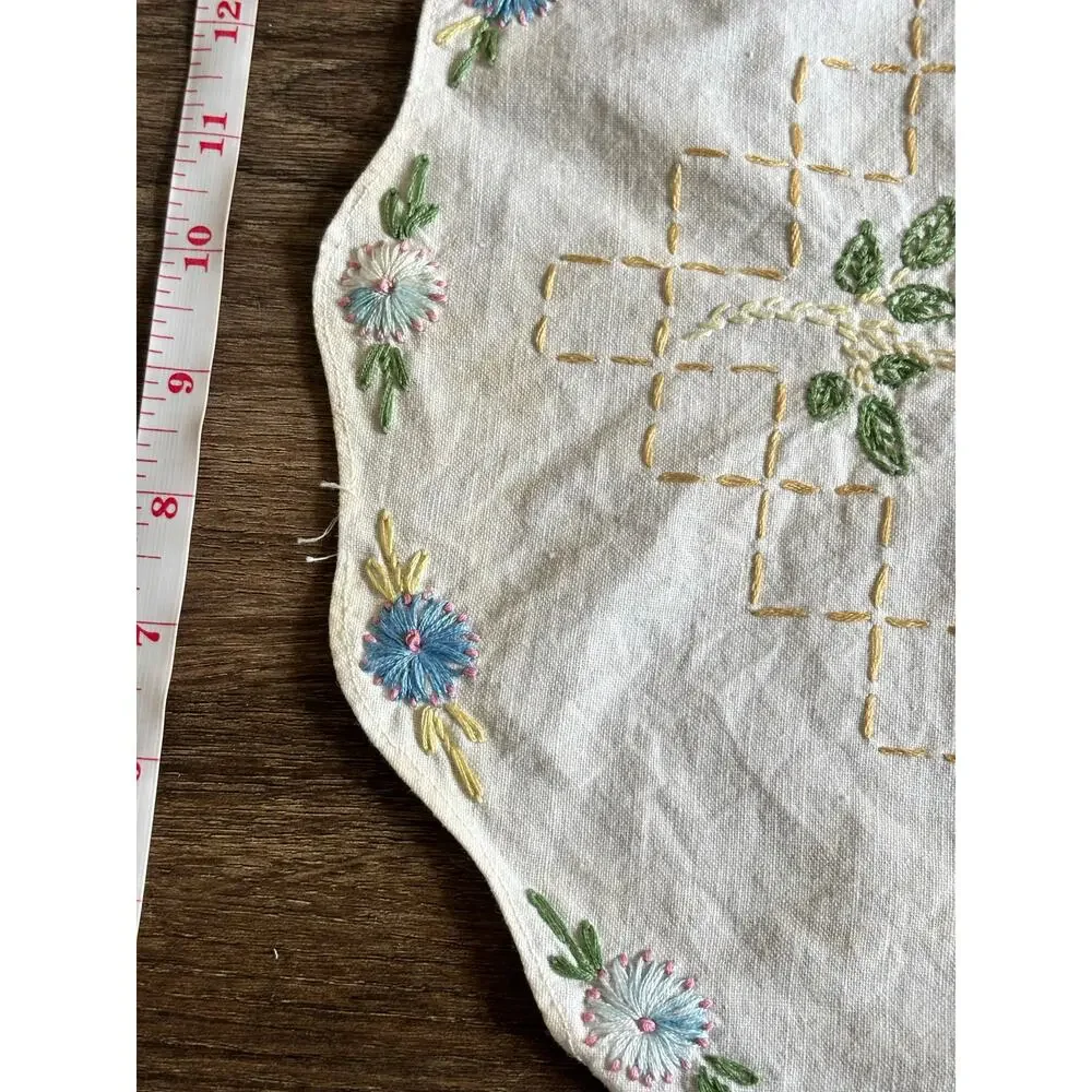 Antique Floral Embroidery Table Runner 16x39 White Cotton Rainbow Boho Scalloped